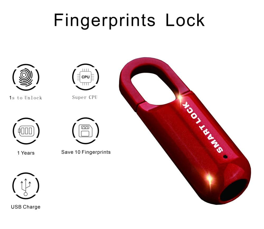 Smart Fingerprint Padlock Biometric Red for Luggage Suitcase Locker Waterproof Portable thumbnail 4