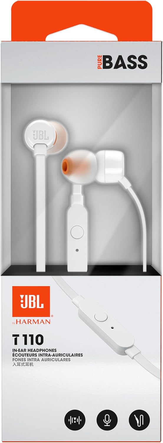 JBL Tune 110 In-ear oortelefoons met microfoon en Pure Bass-geluid Wit
