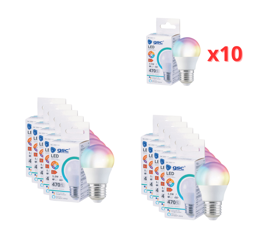 Pack van 10 lampen: gsc evolution G51003 10xSlimme LED Lamp E27 5,5W RGB, Dimbaar, WiFi