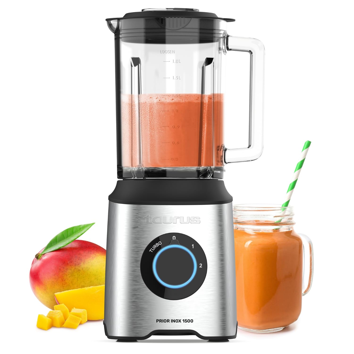 Taurus - Hoge Vermogen Blender Prior Inox met 1500W, 2 Snelheden en Turbo Functie, 2L Glazen
