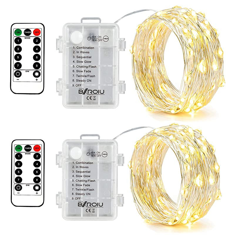 Bxroiu 2 x 50 LEDs - Lichtsnoer op batterijen met afstandsbediening en timer, 8