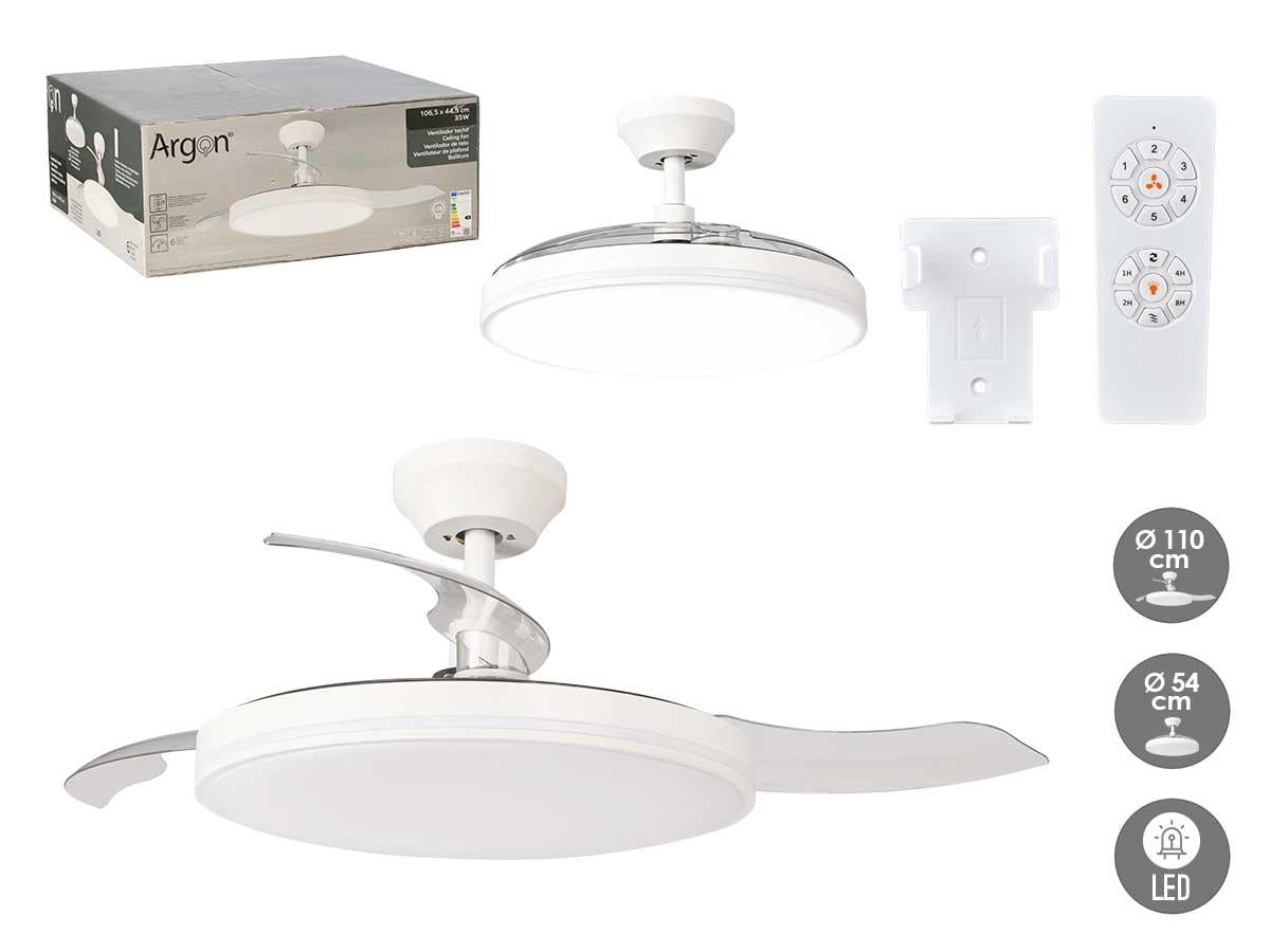 Argon Plafondventilator met Licht en 3 Bladen, 30W, met Afstandsbediening en Timer, Wit